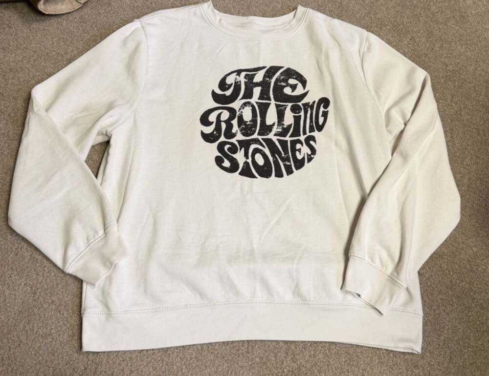 THE ROLLING STONES Text Round Logo Crew Neck Sweatshirt XL Ivory Relaxed Fit